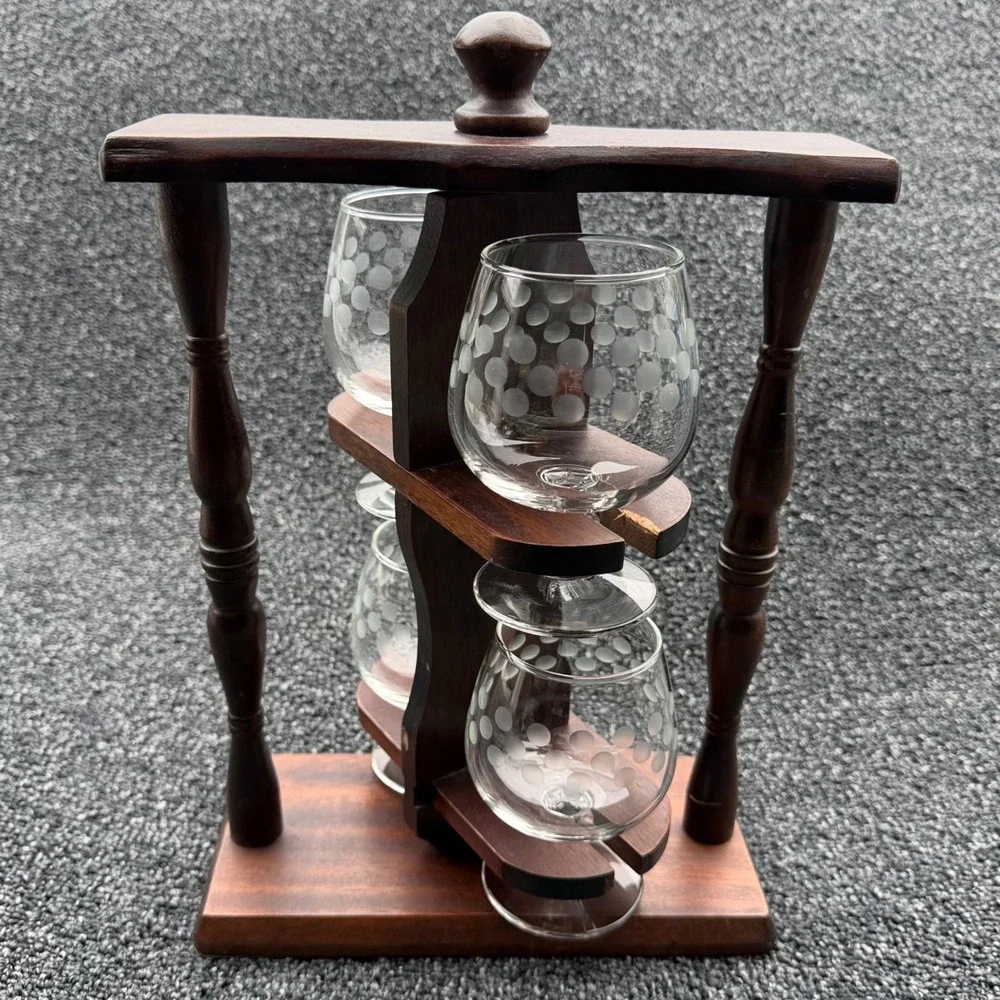 Vintage Wooden Rotating Bar Caddy with 4 Etched Polka Dot Brandy Snifter Glasses